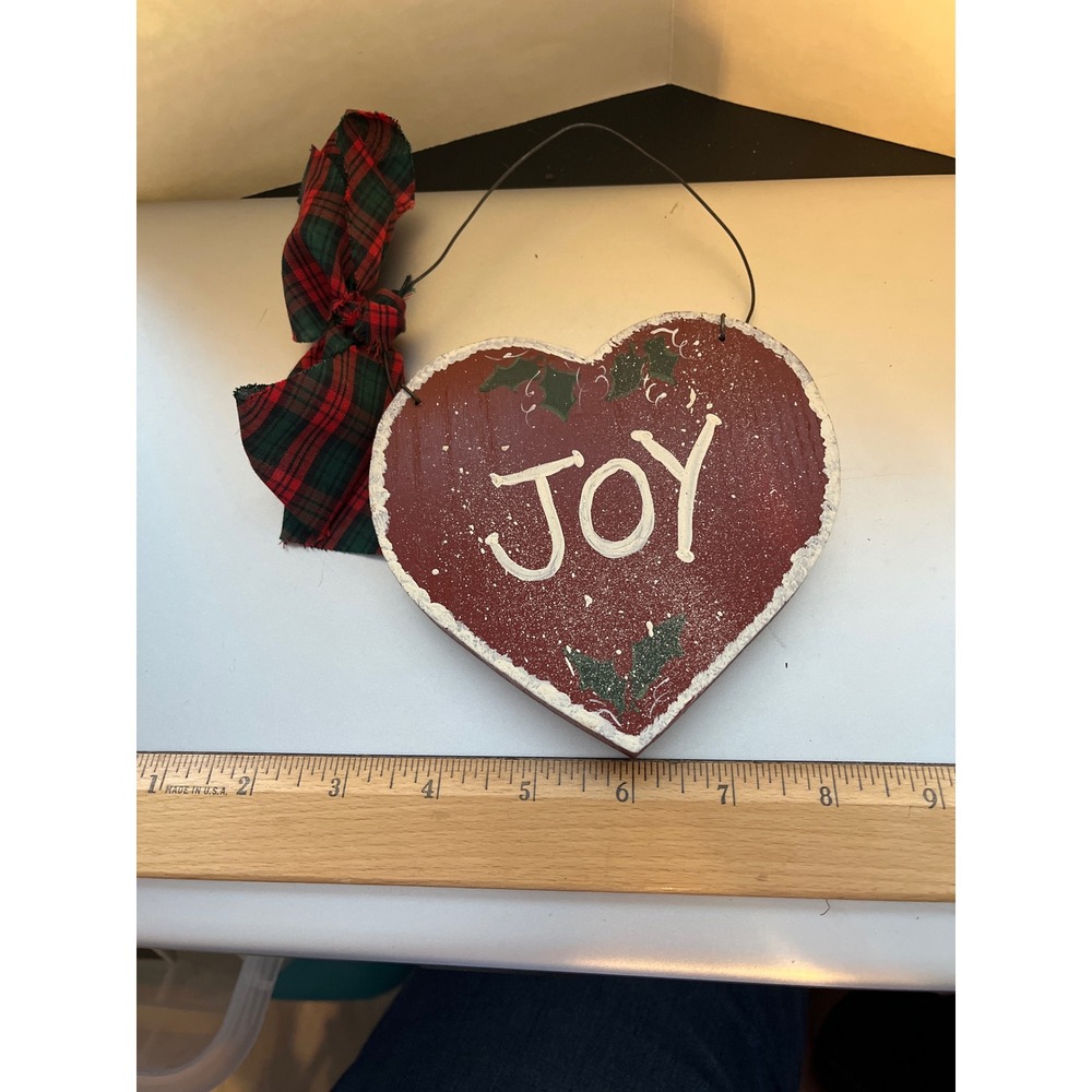 Rustic Wooden Heart JOY Christmas Sign Plaid Bow Farmhouse Holiday Decor Red